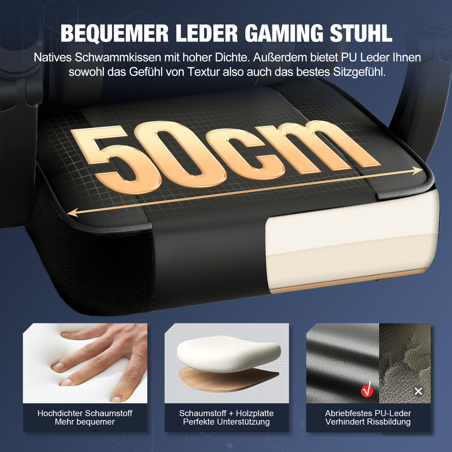 Gaming-Stuhl mit 50cm Sitzbreite, Schaumstoffkissen und PU-Leder.