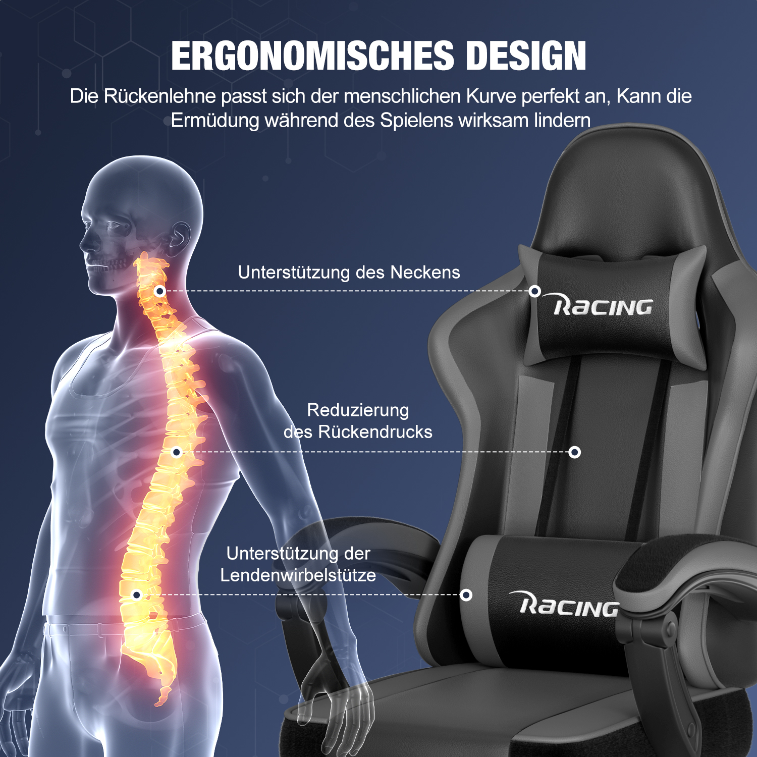 Ergonomisches Design: Ein Mensch und ein Rennstuhl mit Fokus auf Wirbelsäulenunterstützung.