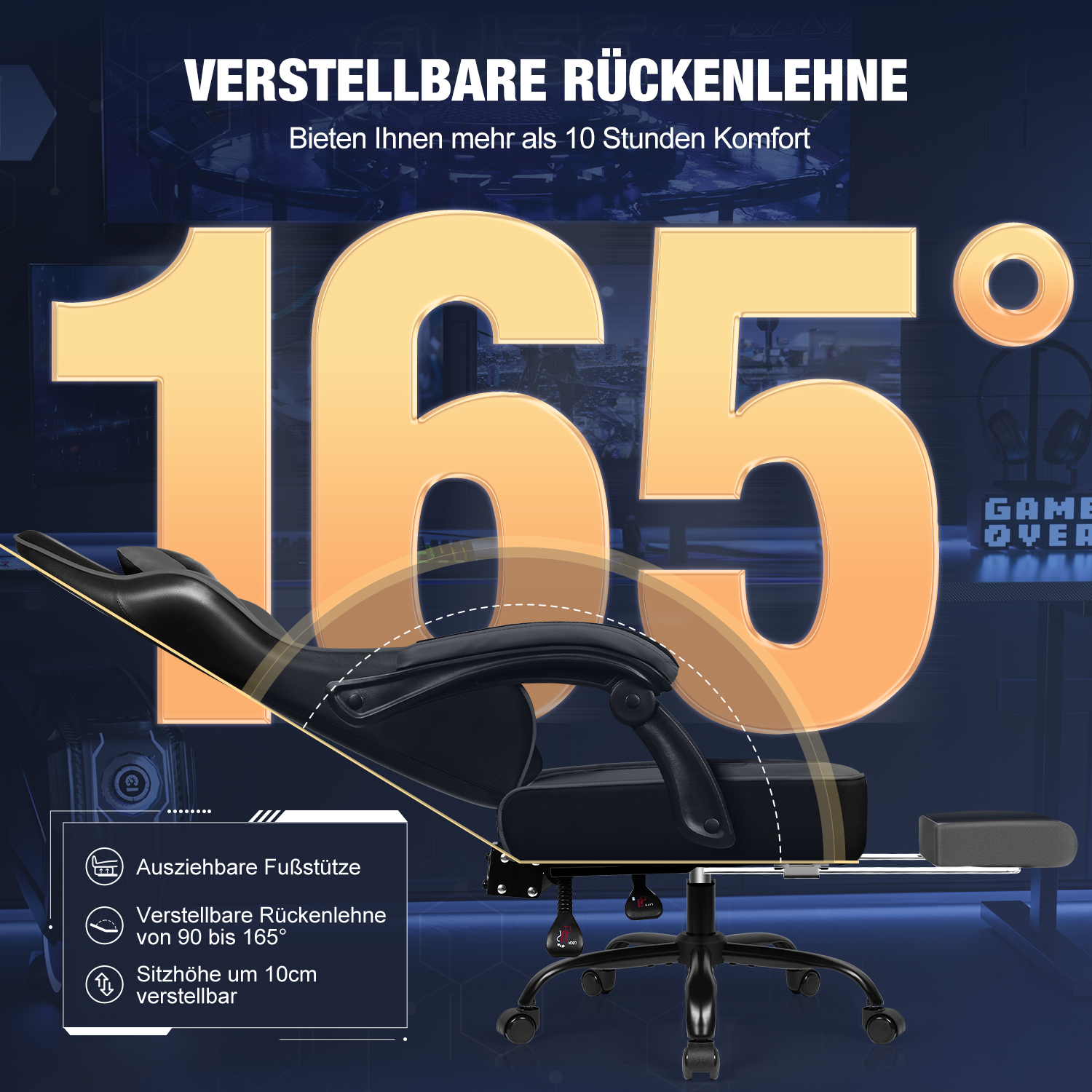 Schwarzer Gamingstuhl mit ausziehbarer Fußstütze, 165° neigbar.