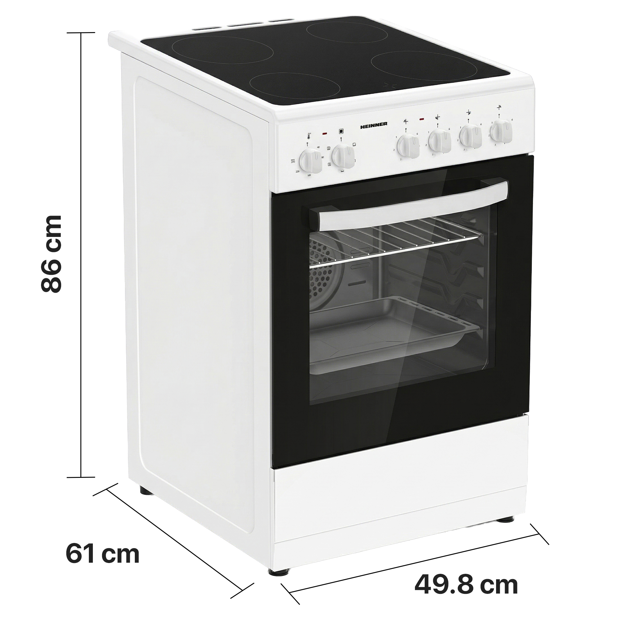 Een witte oven met zwart kookoppervlak en ovendeur. Afmetingen worden weergegeven.