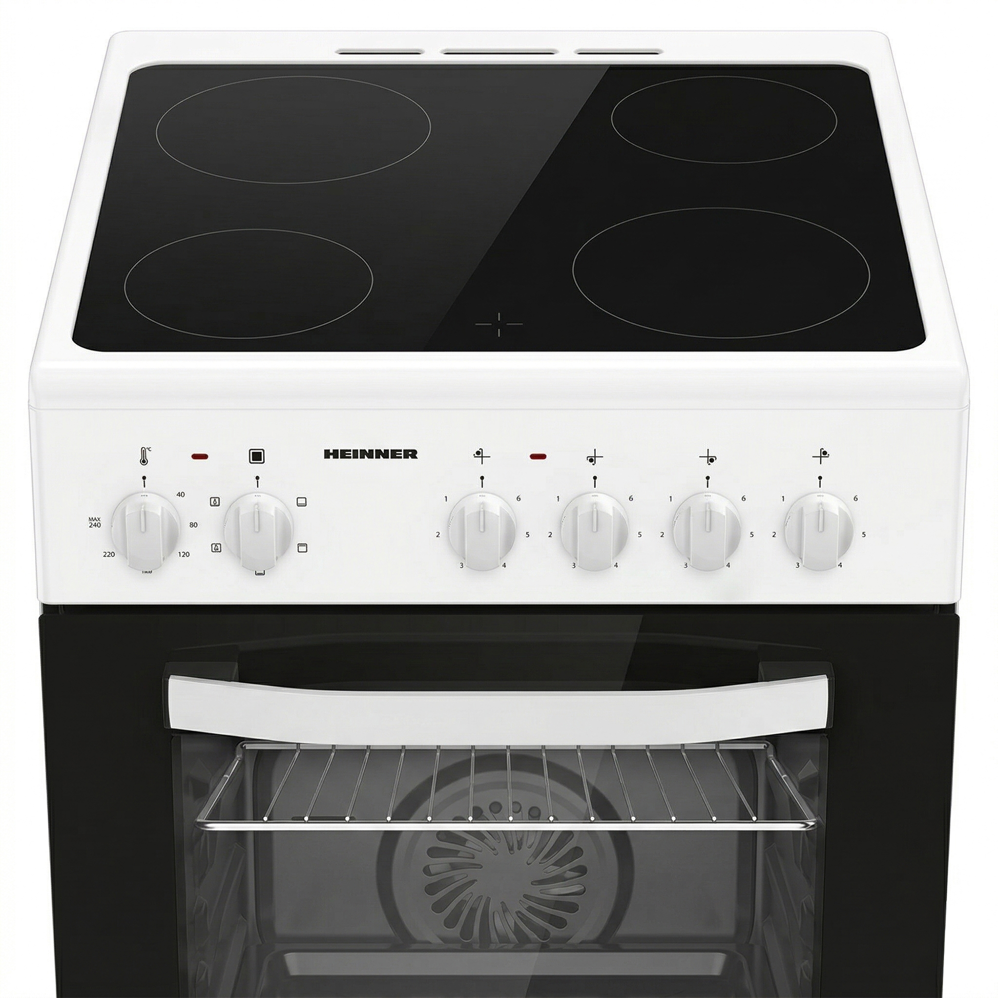 Een witte fornuis met zwart keramisch kookplaat en ovendeur.