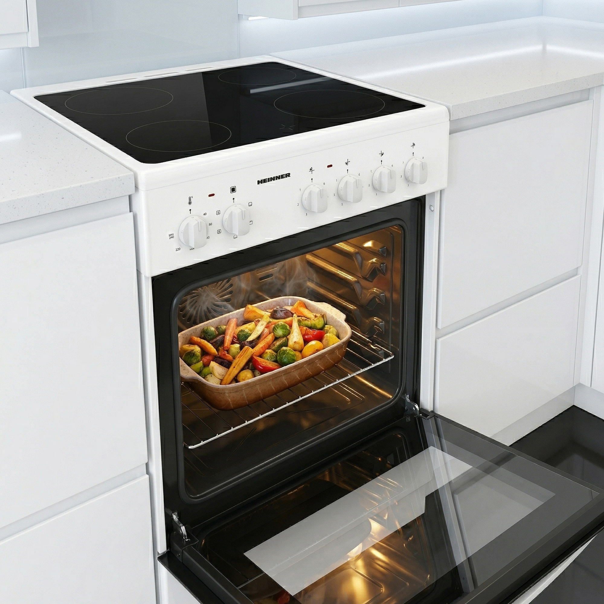 Een witte oven met kookplaat en een open vak met geroosterde groenten.