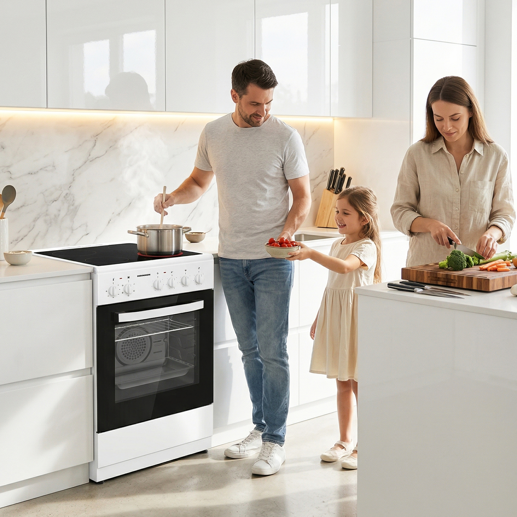 Familie kookt in moderne keuken. Man roert in pan, kind geeft tomaten, vrouw snijdt groenten.