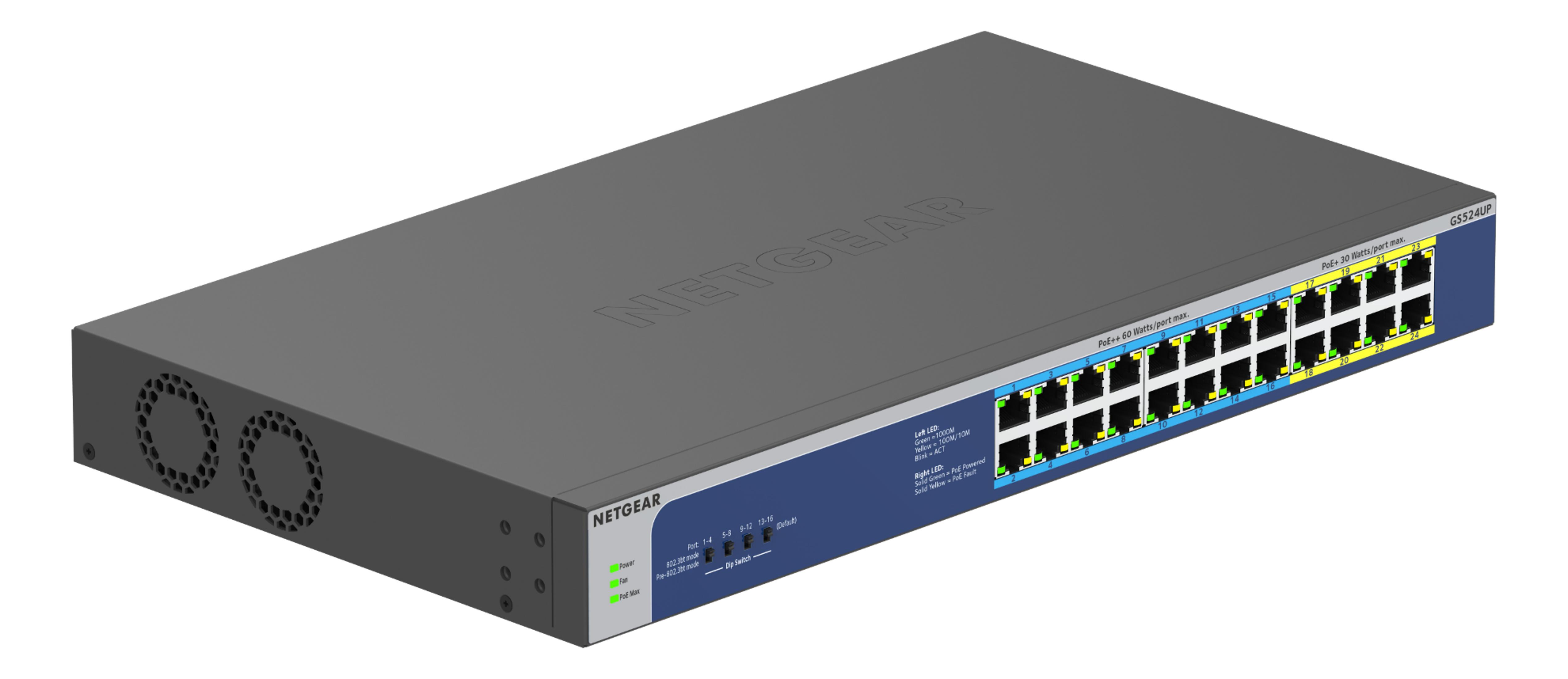Szary przełącznik Netgear z 24 portami, przednimi wentylatorami i diodami.