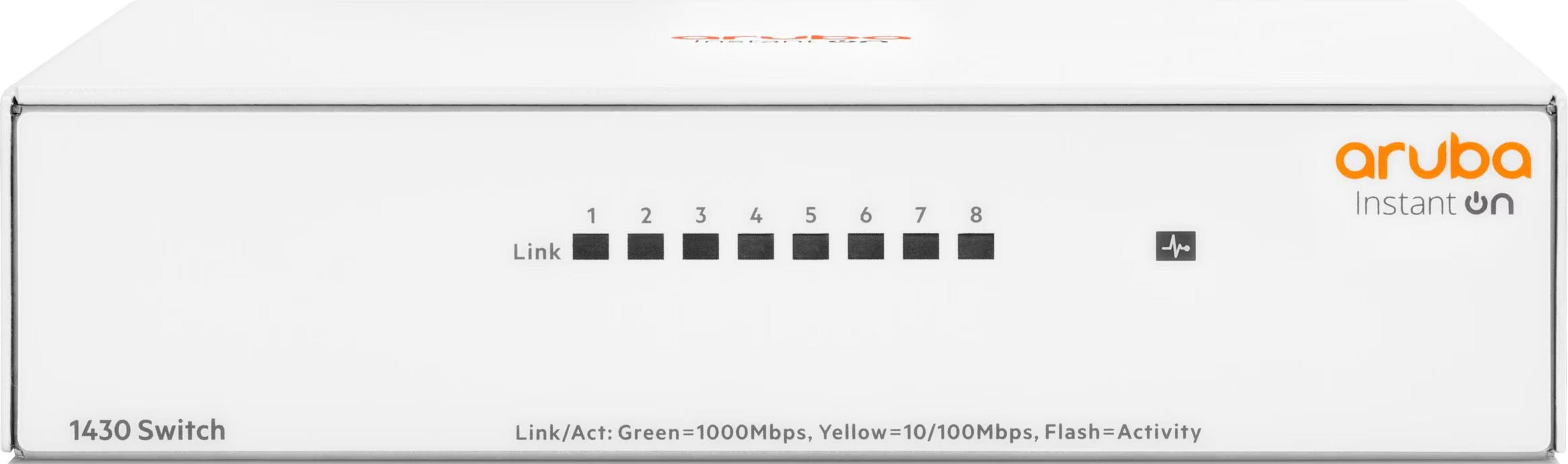 Switch Aruba 1430 bianco con 8 LED Link/Act e un'icona di battito cardiaco.
