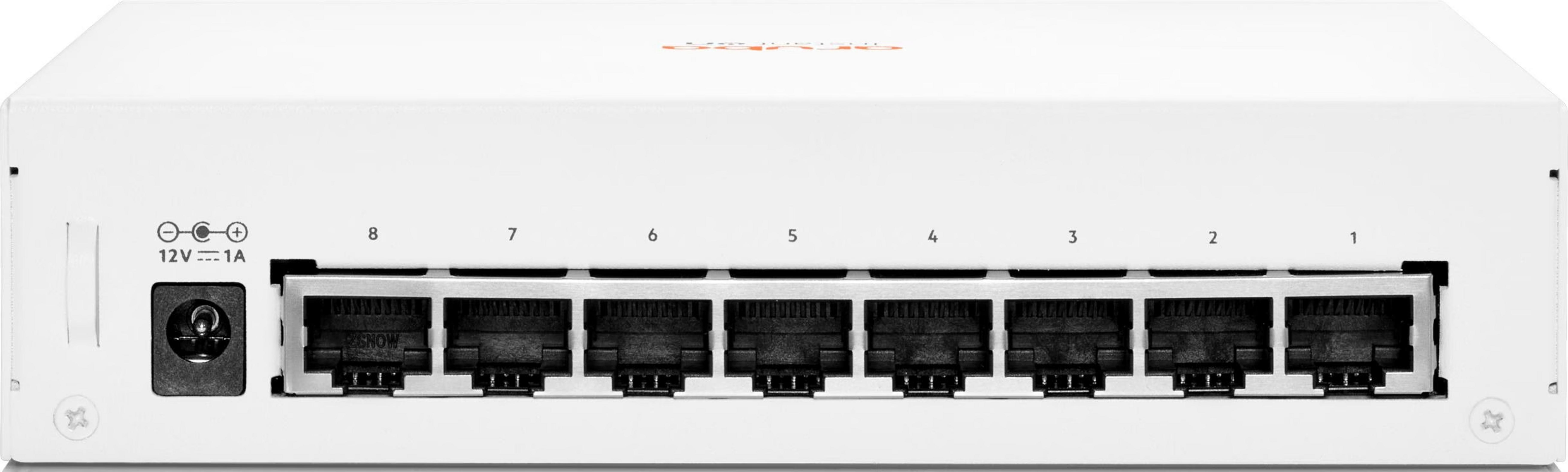Uno switch di rete bianco con 8 porte e ingresso alimentazione.