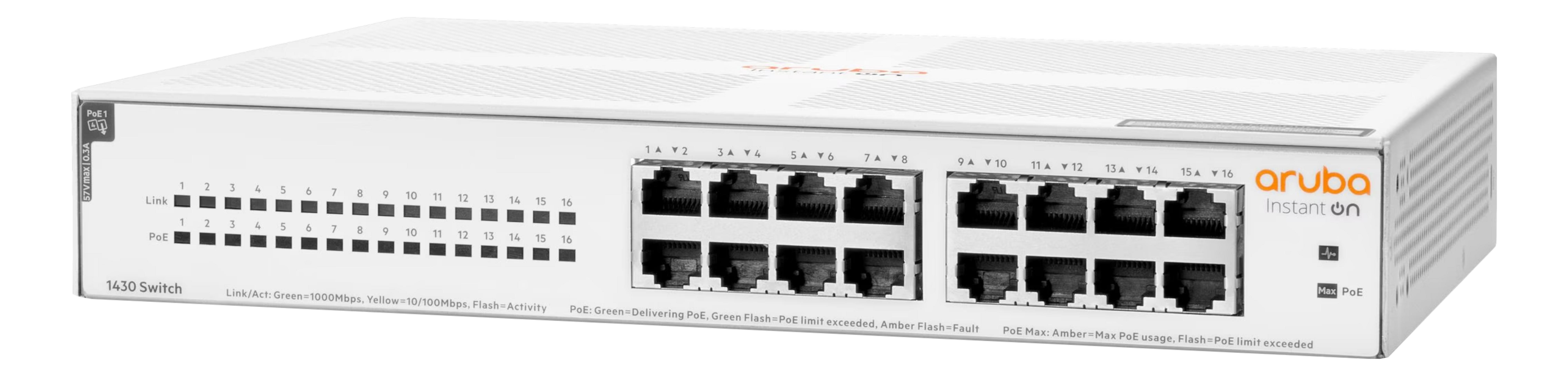 Biały przełącznik sieciowy 16-portowy z logo Aruba.