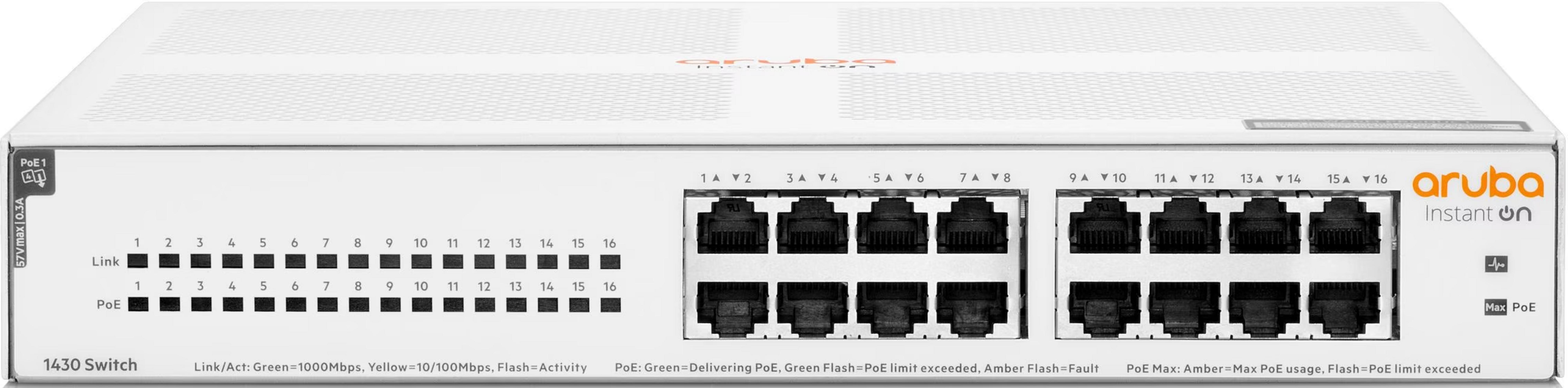 Biały przełącznik Aruba 1430 z 16 portami, diodami Link/Activity i PoE.