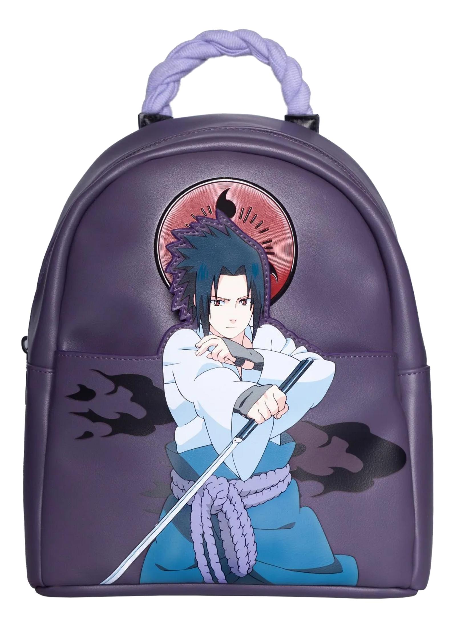 Lila Rucksack mit Anime-Charakter Sasuke Uchiha und Schwert.