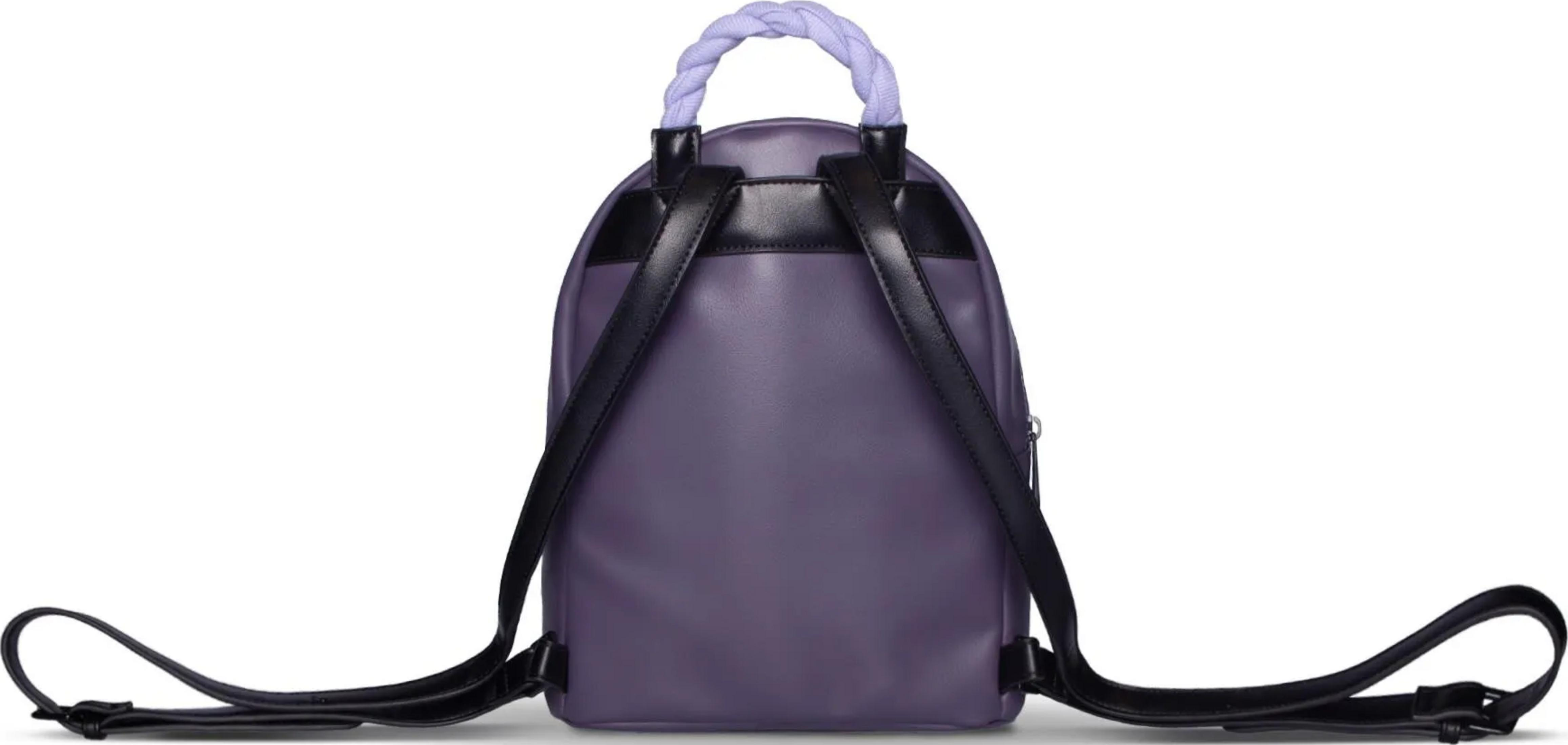 Ein lila Rucksack mit schwarzen Trägern und einem geflochtenen helllila Griff.