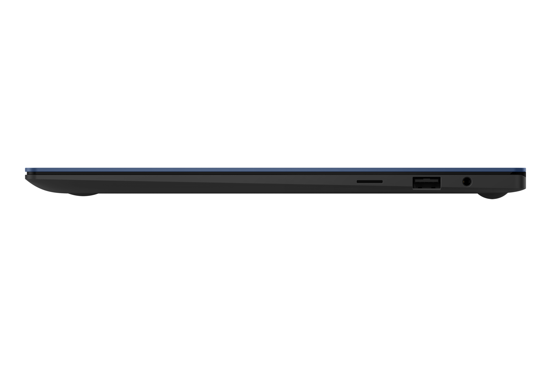 Schwarzes Laptop mit blauem Rand, zeigt USB- und Kopfhöreranschlüsse.