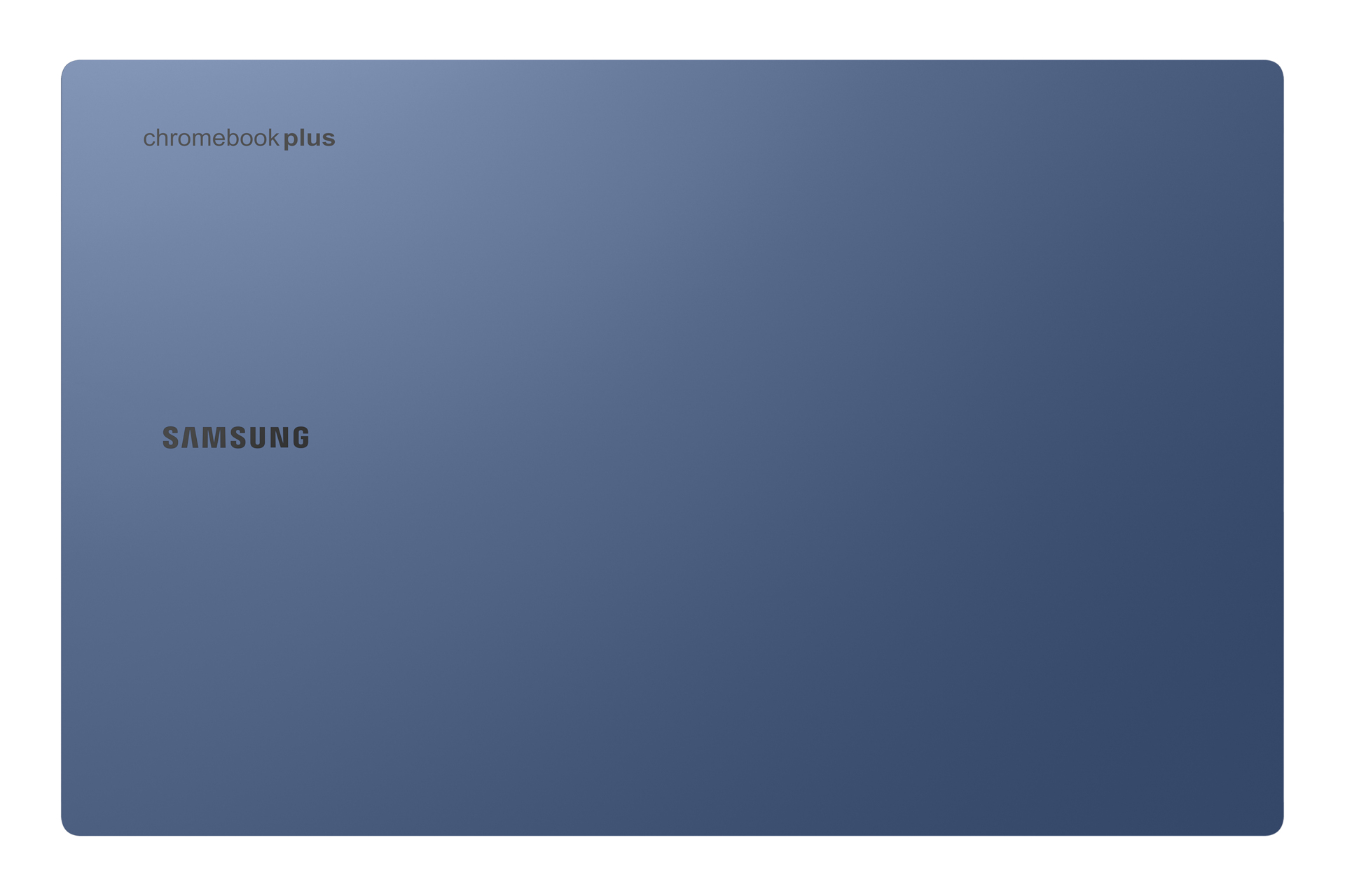 Ein blauer Chromebook Plus Laptop mit Samsung-Logo.