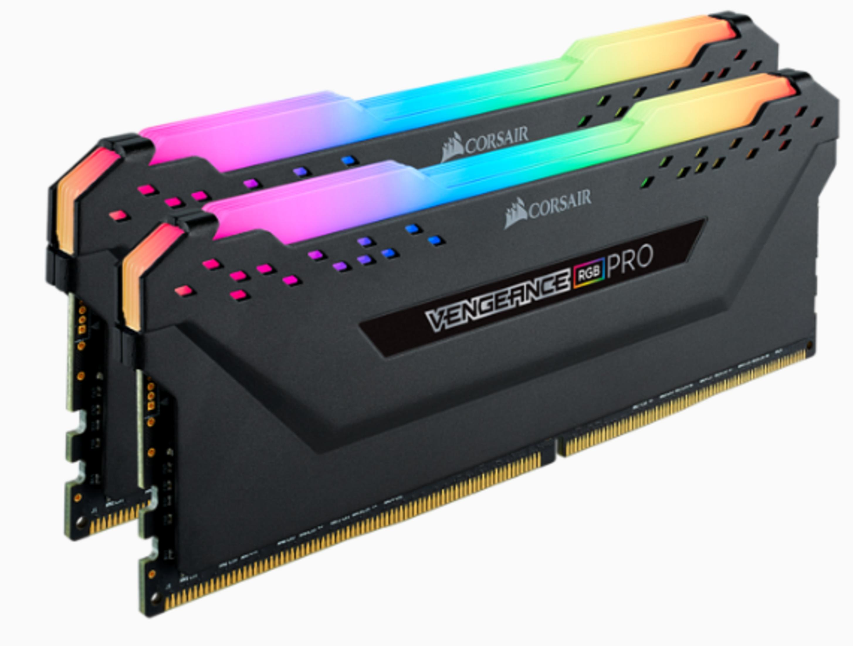 Dwa czarne moduły RAM Corsair Vengeance RGB PRO z kolorowym podświetleniem RGB.