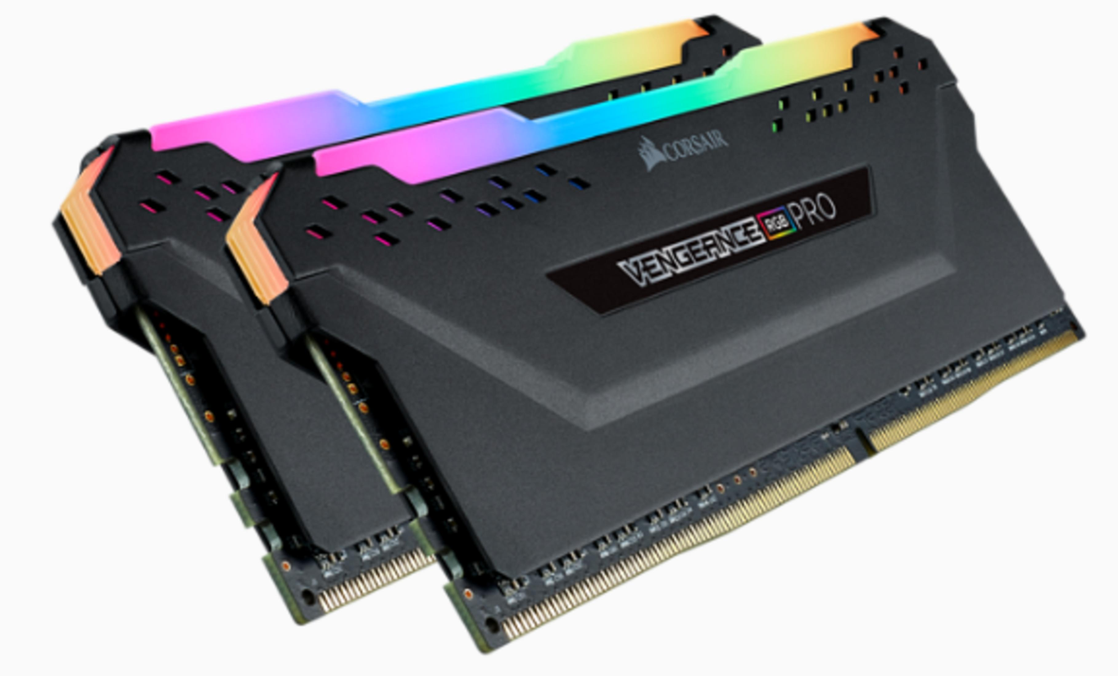 Dwa czarne moduły RAM Corsair Vengeance RGB Pro z podświetleniem RGB.