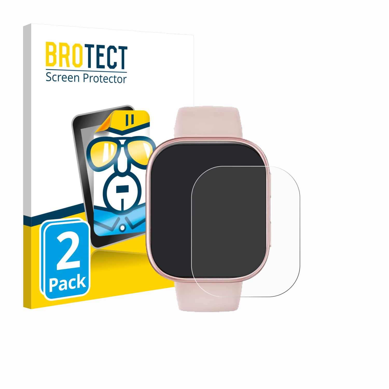 BROTECT Displayschutzverpackung mit einer pinken Smartwatch und einem Displayschutz.