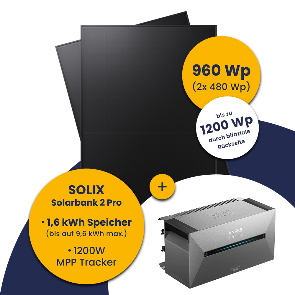 Solarmodule und ein Solarspeicher von Anker Solix, mit Leistungsangaben.