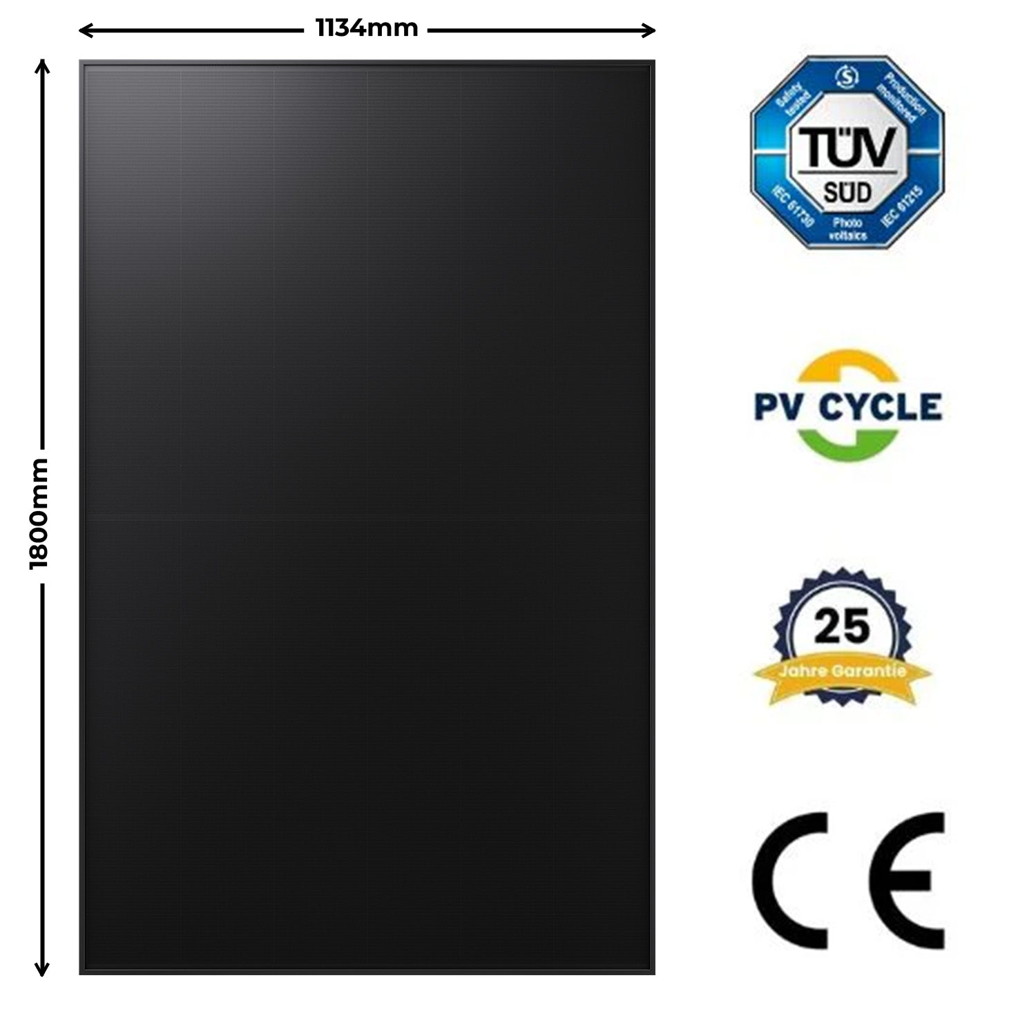 Schwarzes Solarpanel 1134x1800mm mit Zertifizierungen: TÜV SÜD, PV CYCLE, 25 Jahre Garantie, CE.