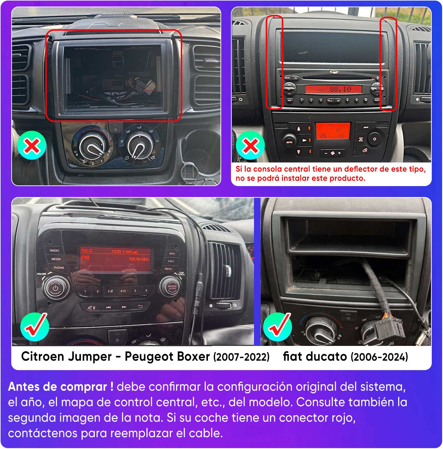 Salpicadero de coche con hueco de radio vacío, rejillas y mandos resaltados.