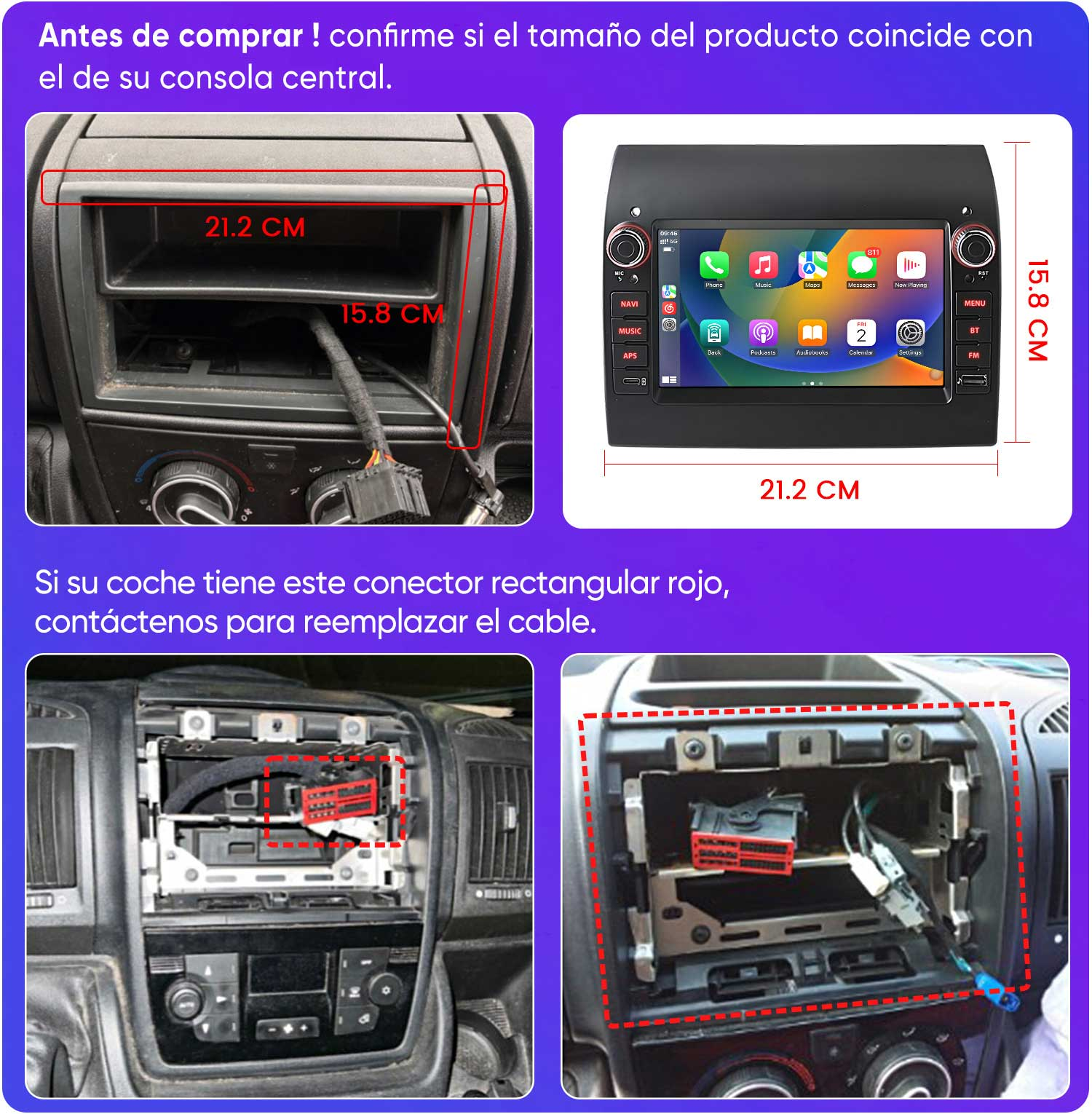 Dimensiones de consola de coche y pantalla de radio. Izquierda: Ranura de montaje.