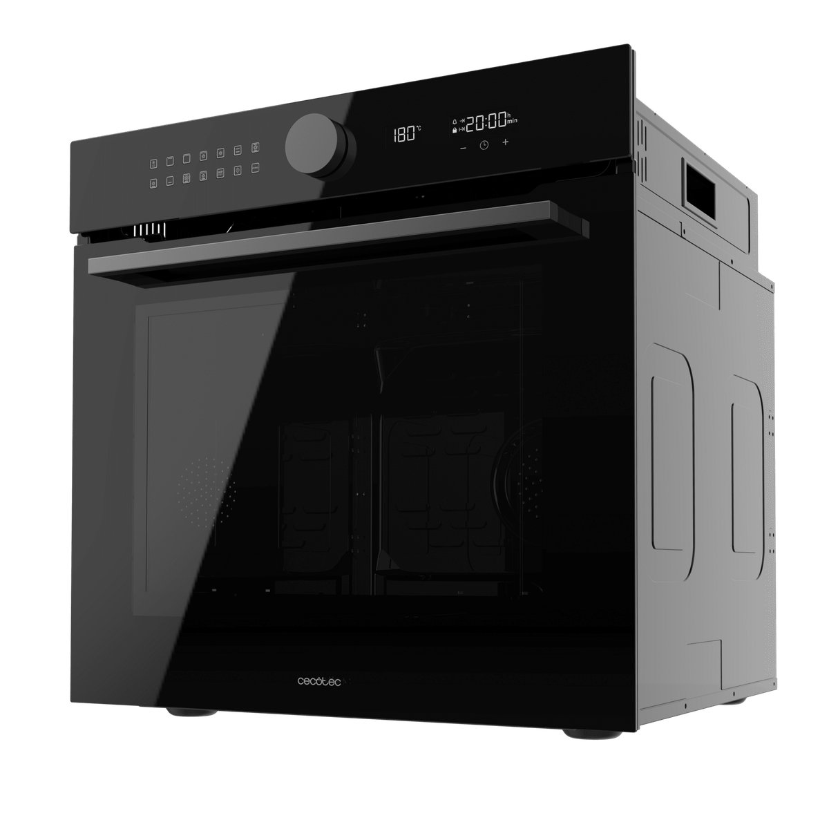 Un moderno forno nero con porta in vetro e display digitale di temperatura e tempo.
