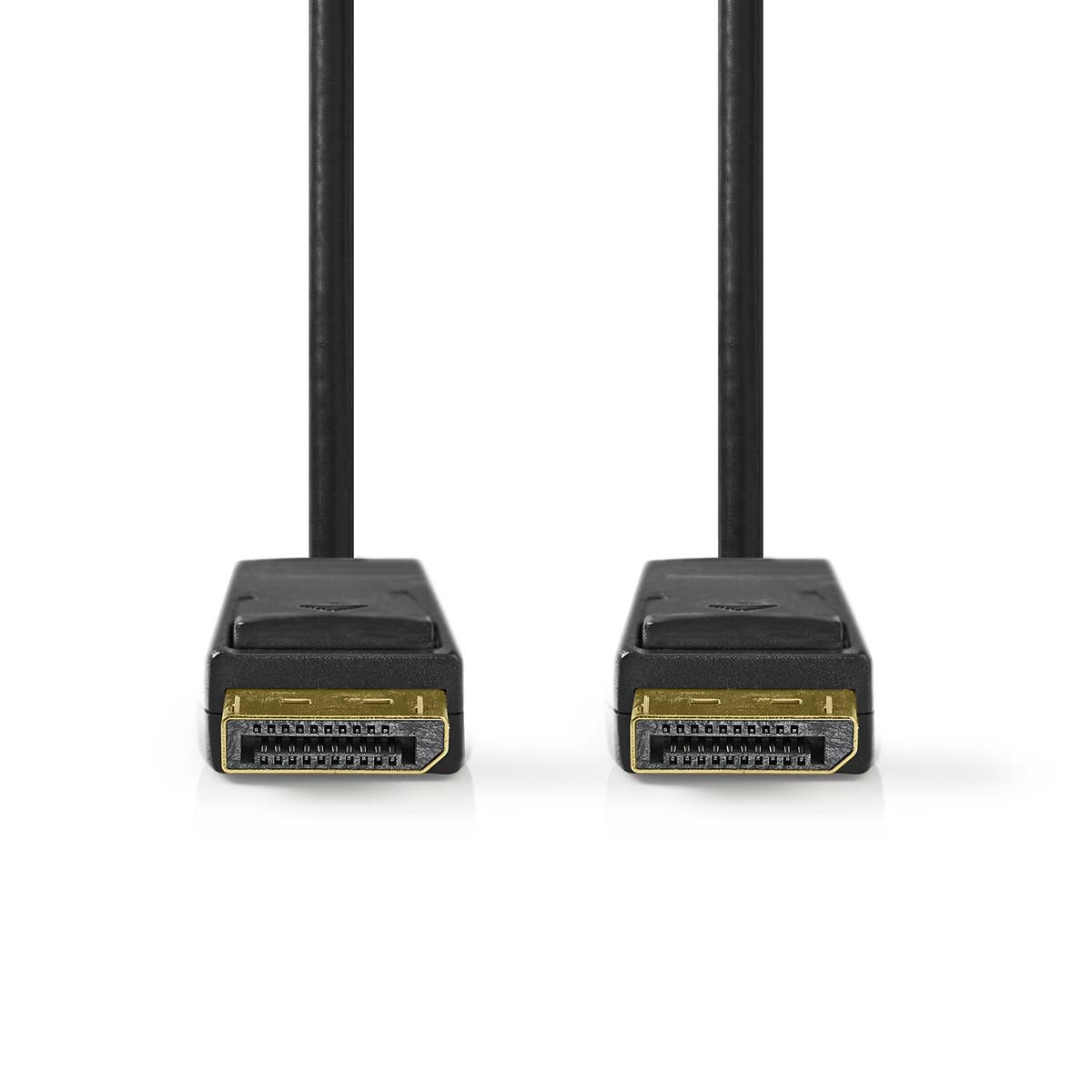 Zwei schwarze DisplayPort-Kabel mit goldenen Anschlüssen auf weißem Hintergrund.