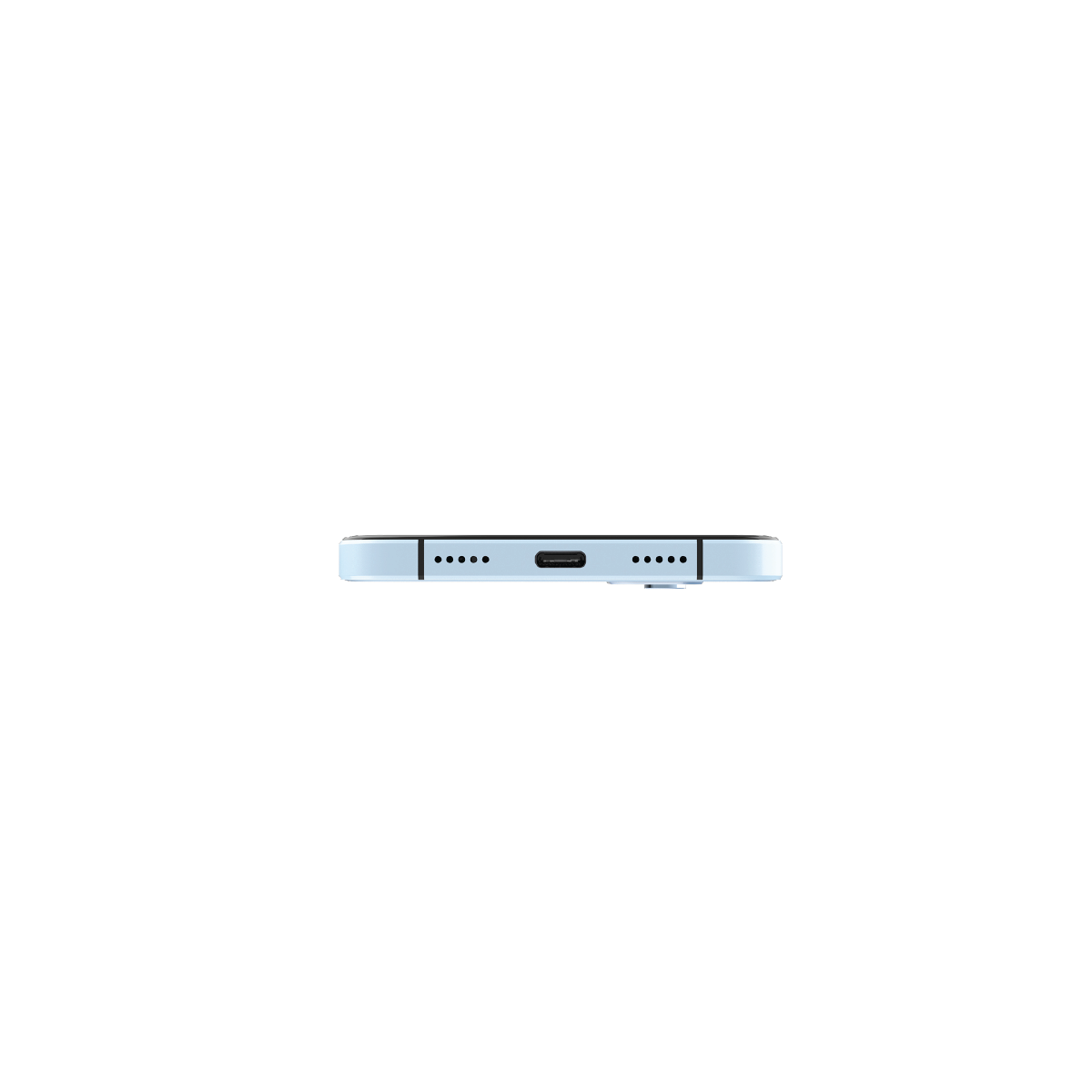 Açık mavi bir akıllı telefonun alt kenarı hoparlör delikleri ve USB-C ile gösteriliyor.
