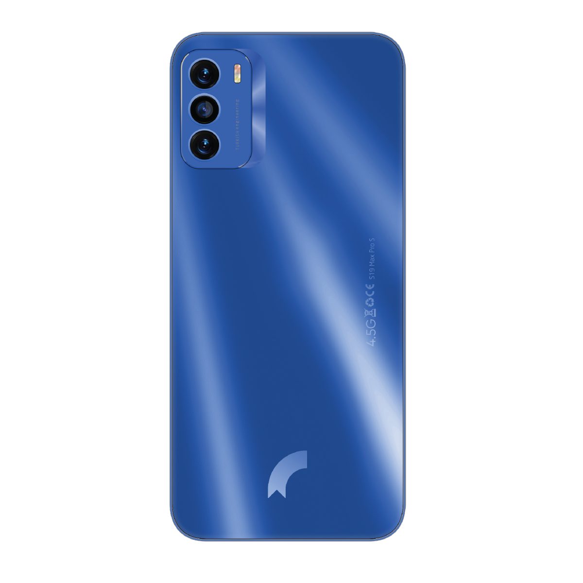 Arkada üçlü kamera ve logolu mavi akıllı telefon.