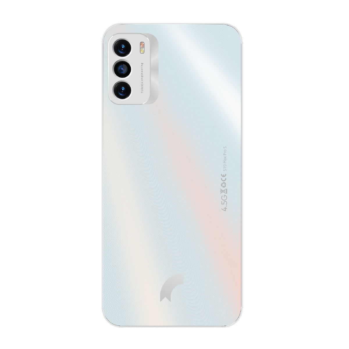 Üç kameralı beyaz akıllı telefonun arkası ve logosu.