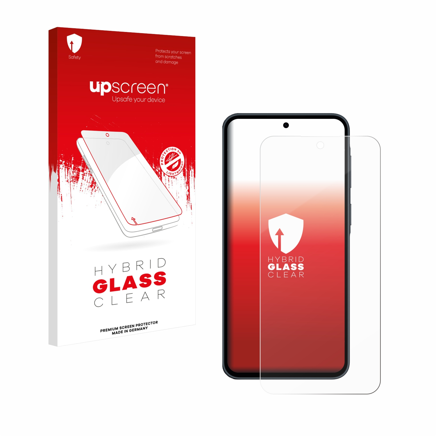 Rote Schachtel mit 'upscreen'-Logo und Displayschutzfolie neben einem Smartphone.