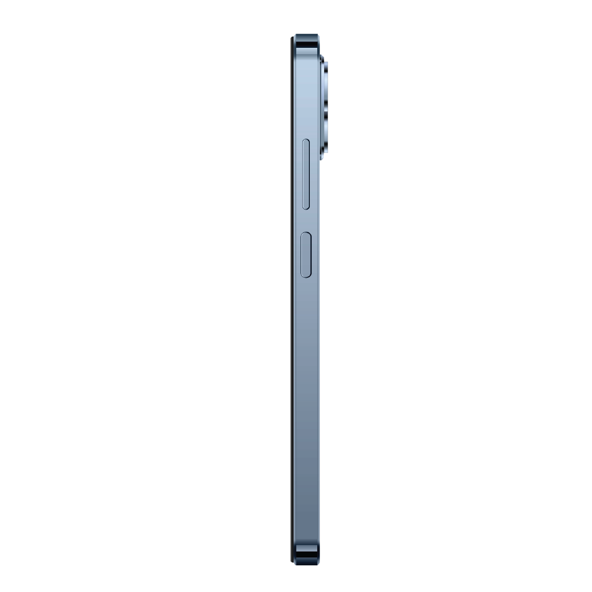 Mavi iPhone'un yan görünümü, kamera modülü ve düğmeleri görünüyor.