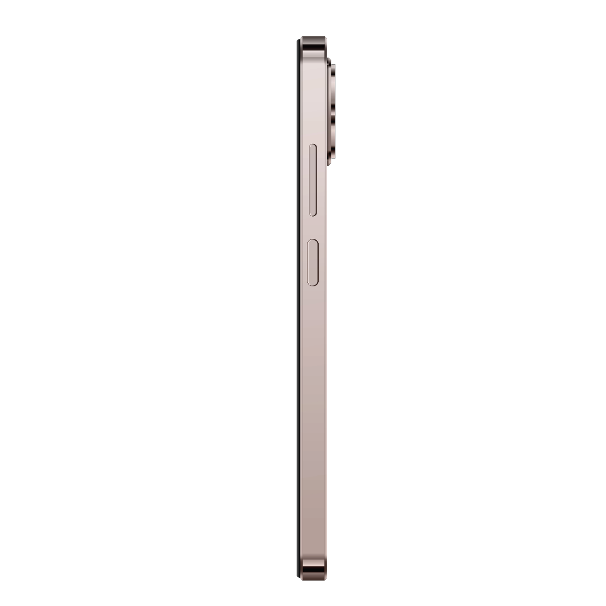 Görünür düğmelerin ve kamera lenslerinin olduğu, gül altın rengi iPhone'un yan görünümü.
