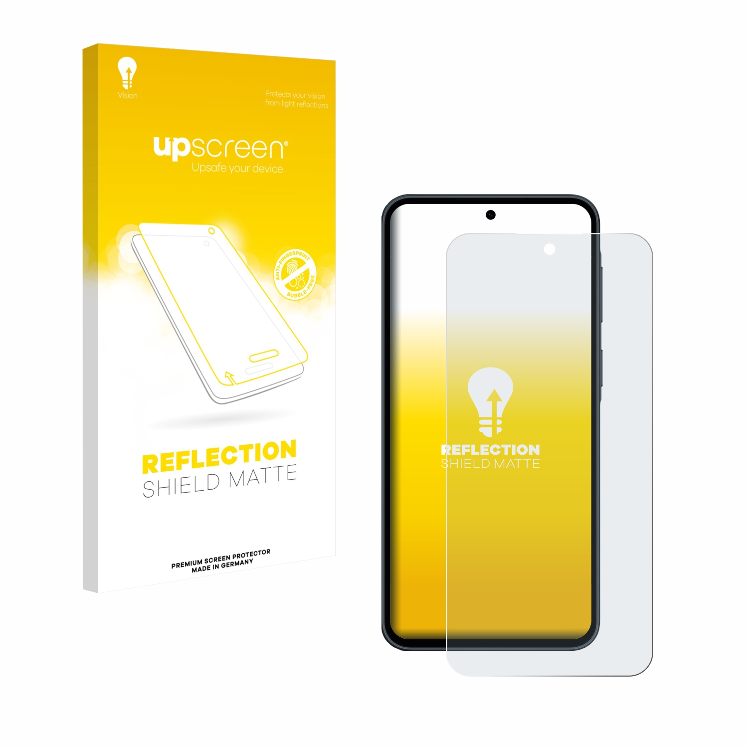 Upscreen Reflection Shield Matte Displayschutzfolie Verpackung neben Smartphone.
