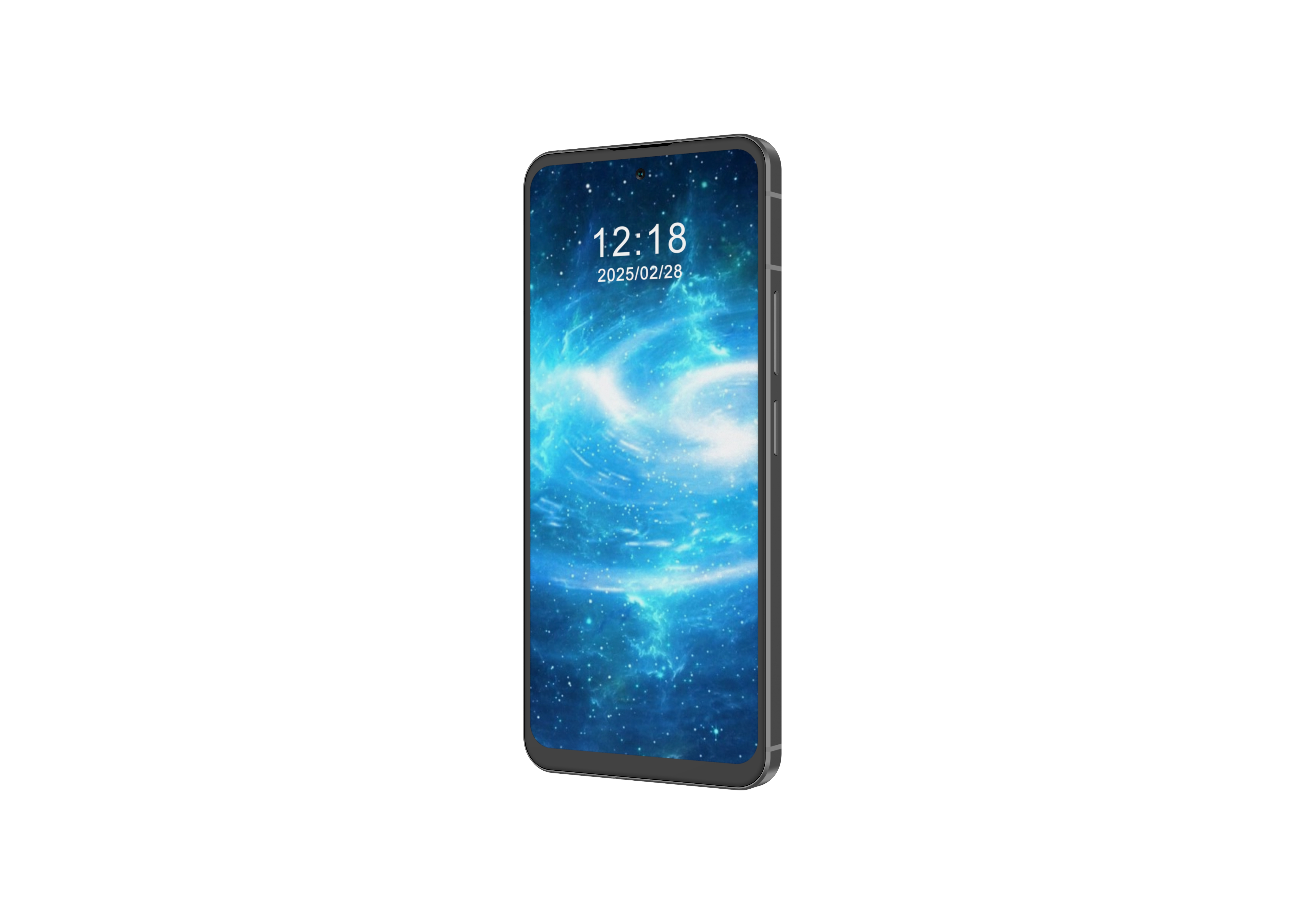 Mavi uzay arka planlı akıllı telefon, saat 12:18 ve tarih 2025/02/28 gösteriyor.