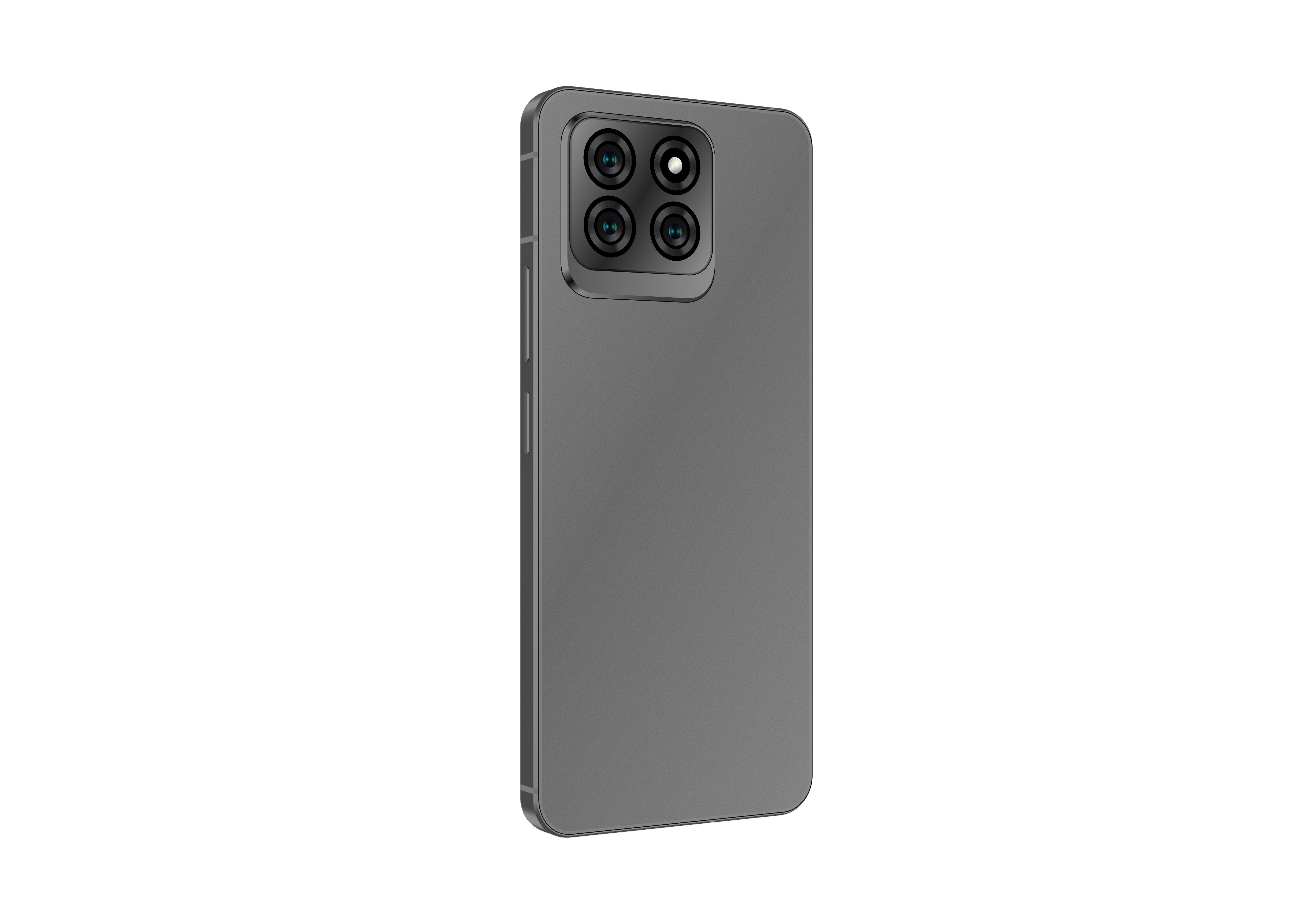 Arkada dört kamerası ve beyaz flaşı olan gri akıllı telefon.