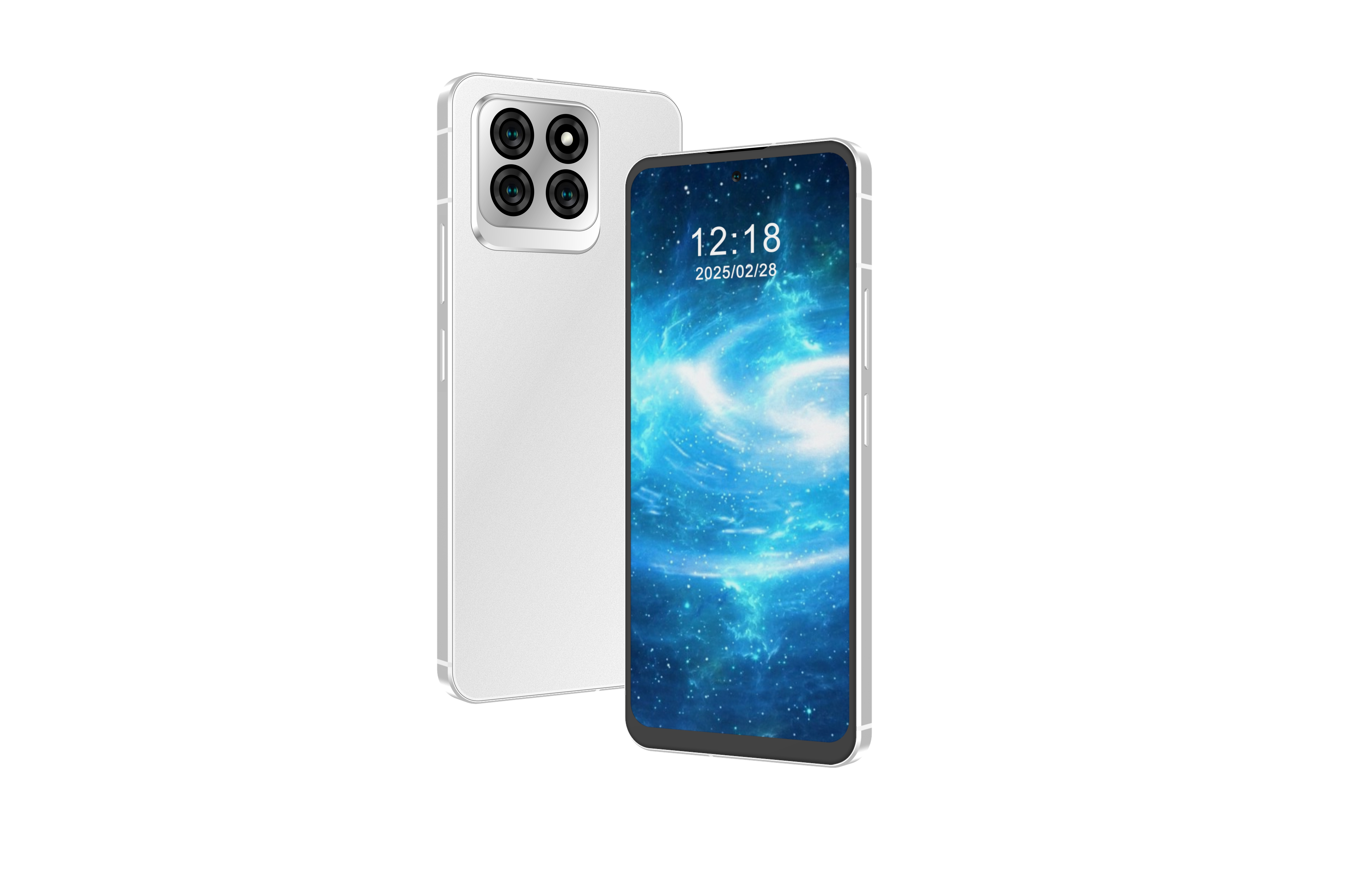 Arkada dört kamerası ve ekranında kozmik duvar kağıdı olan beyaz bir akıllı telefon.