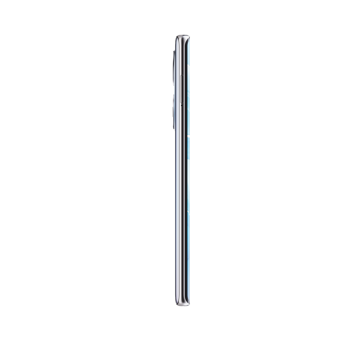 Gümüş çerçeveli ve arkada kameralı ince akıllı telefonun yan görünümü.