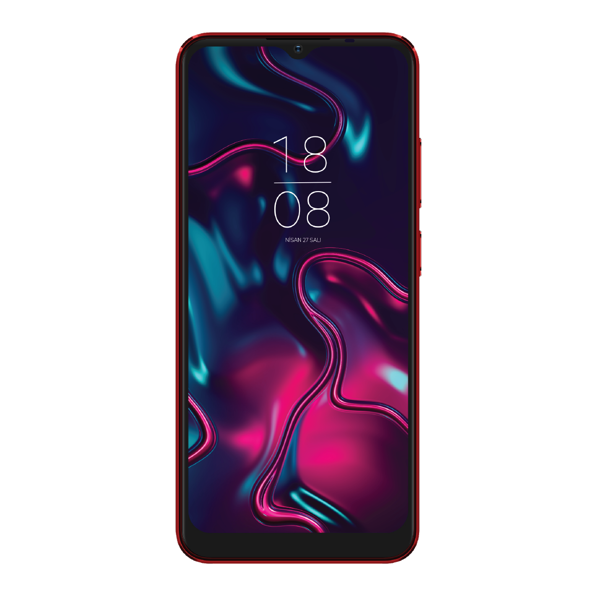 Soyut, renkli duvar kağıdı gösteren kırmızı bir akıllı telefon.