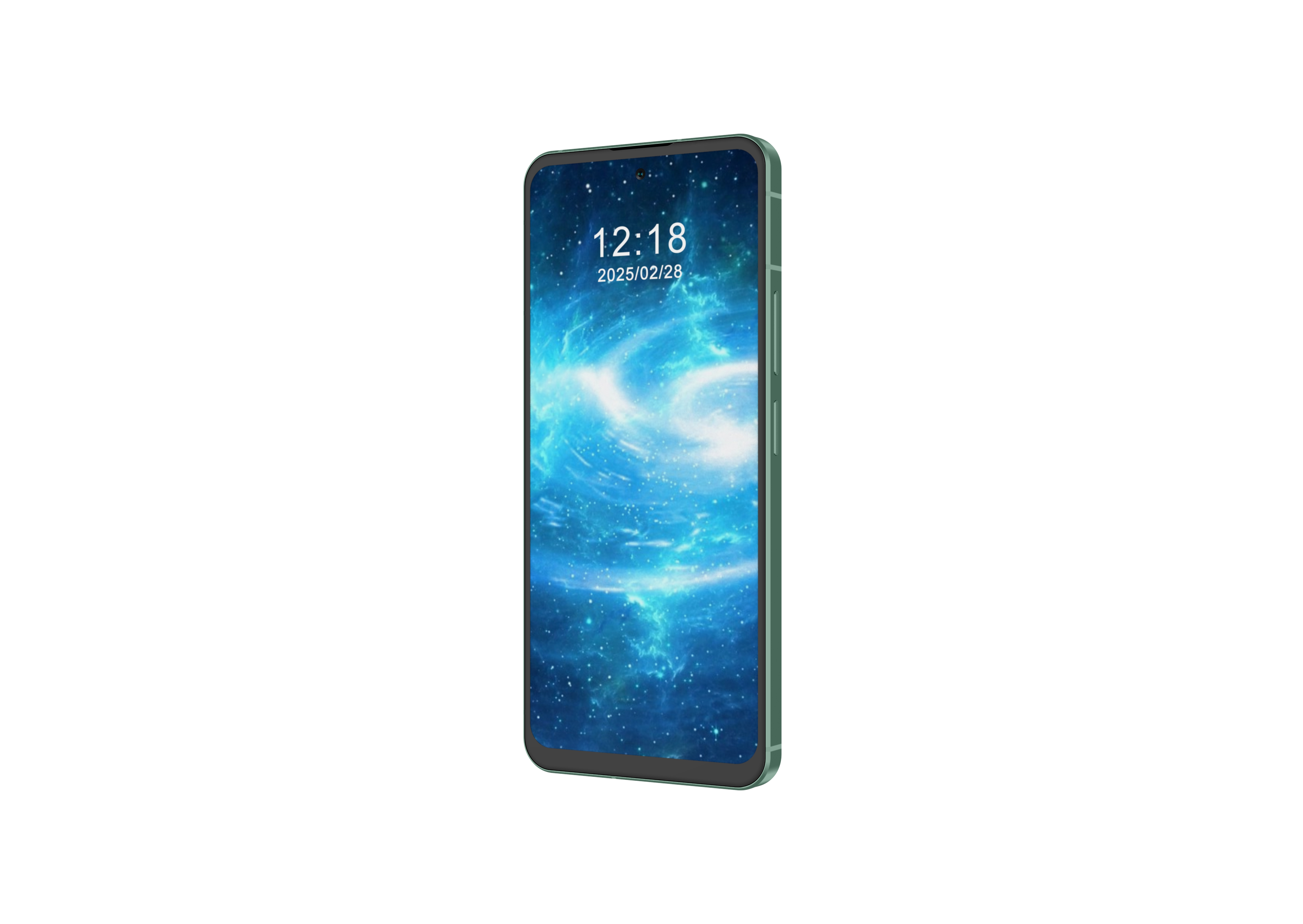 12:18 saatini gösteren uzay duvar kağıtlı yeşil bir akıllı telefon.