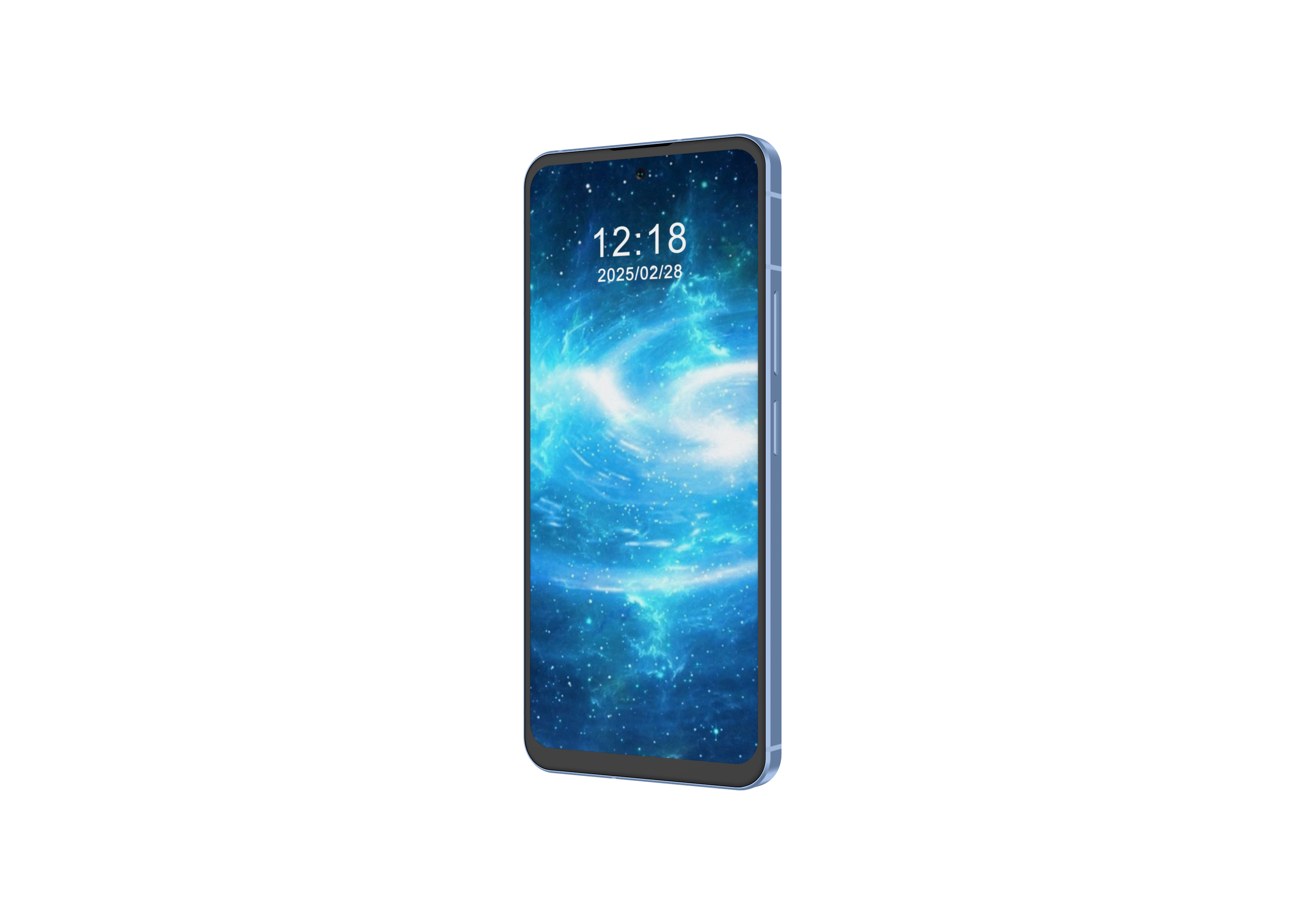 Kozmik duvar kağıdı gösteren mavi bir akıllı telefon. Saat 12:18.