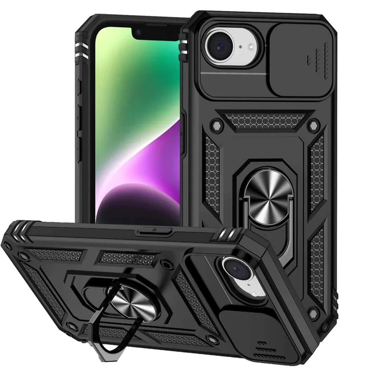 Zwarte telefoonhoes met ringhouder en schuifbare cameralensbescherming.