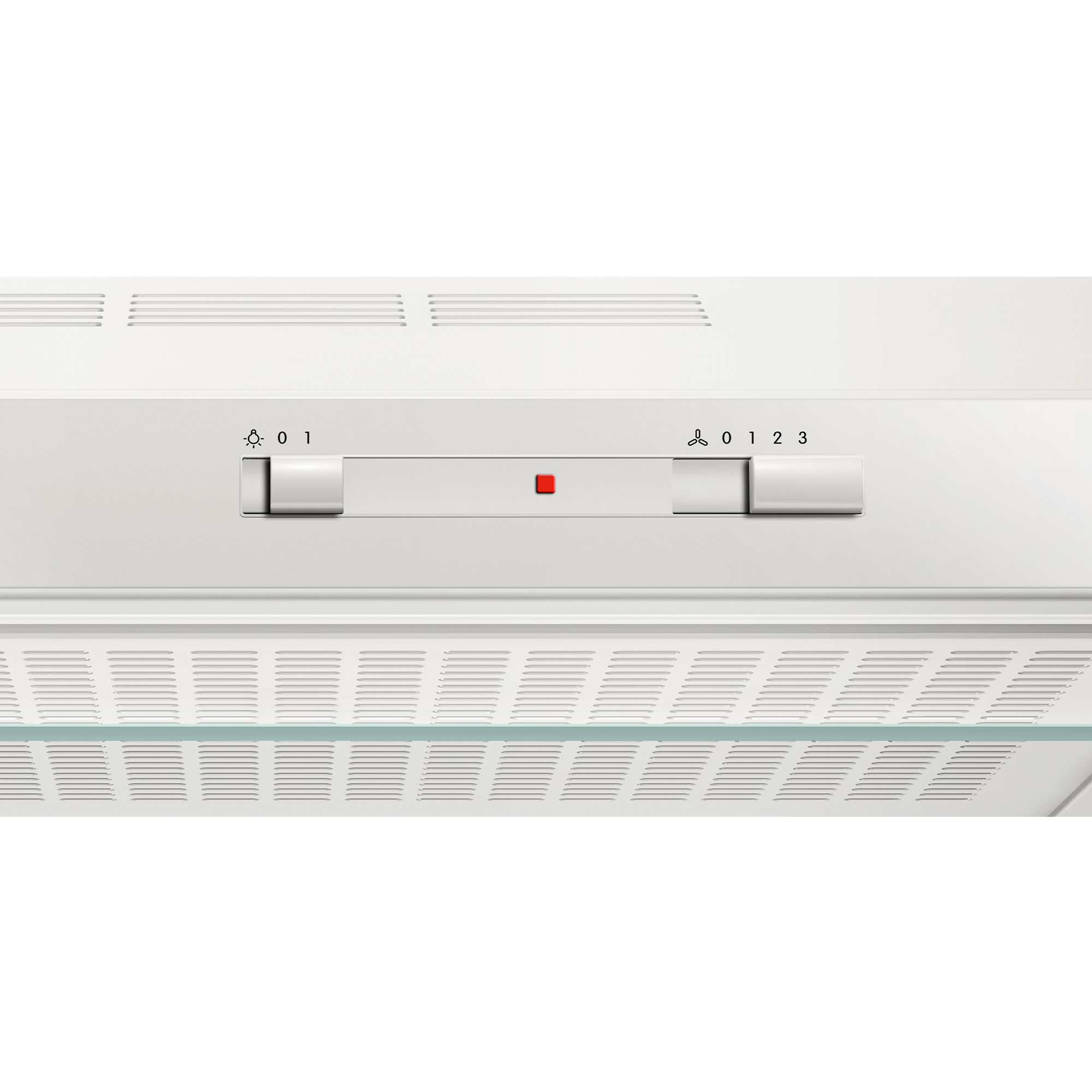 Biały okap kuchenny z elementami sterującymi i otworami wentylacyjnymi.