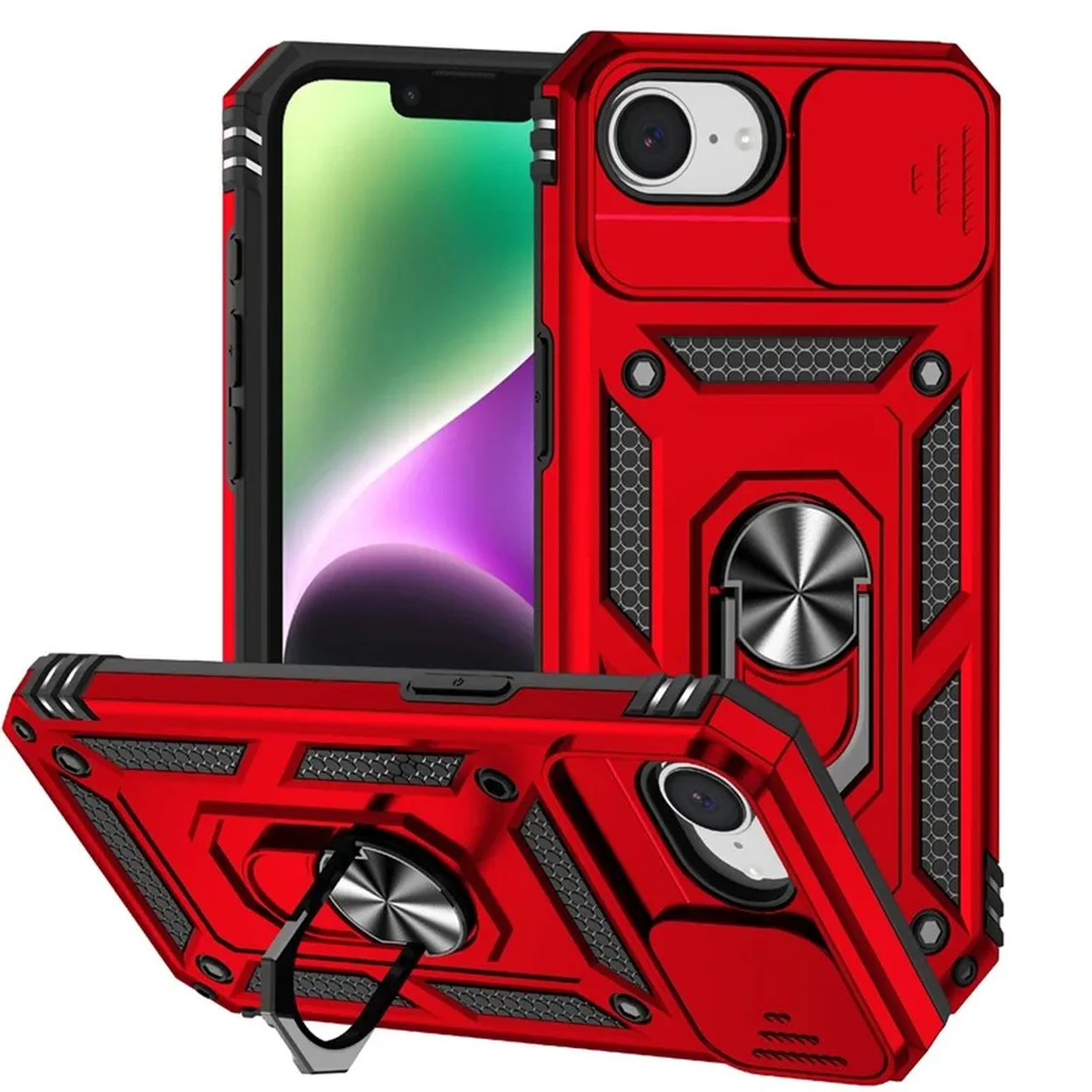 Rode telefoonhoes met ringhouder en camerabescherming.
