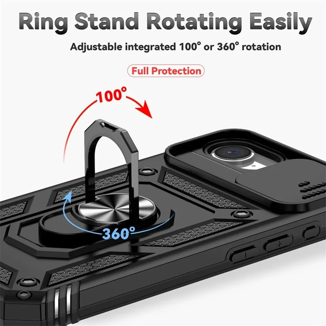 Zwarte telefoonhoes met roterende ringstandaard voor 100° of 360° rotatie.