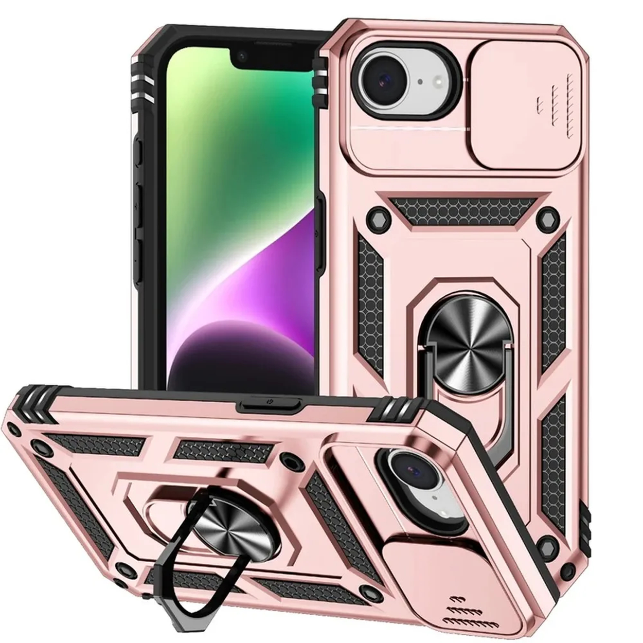 Roségouden telefoonhoes met ringhouder en camerabeschermer op een telefoon.