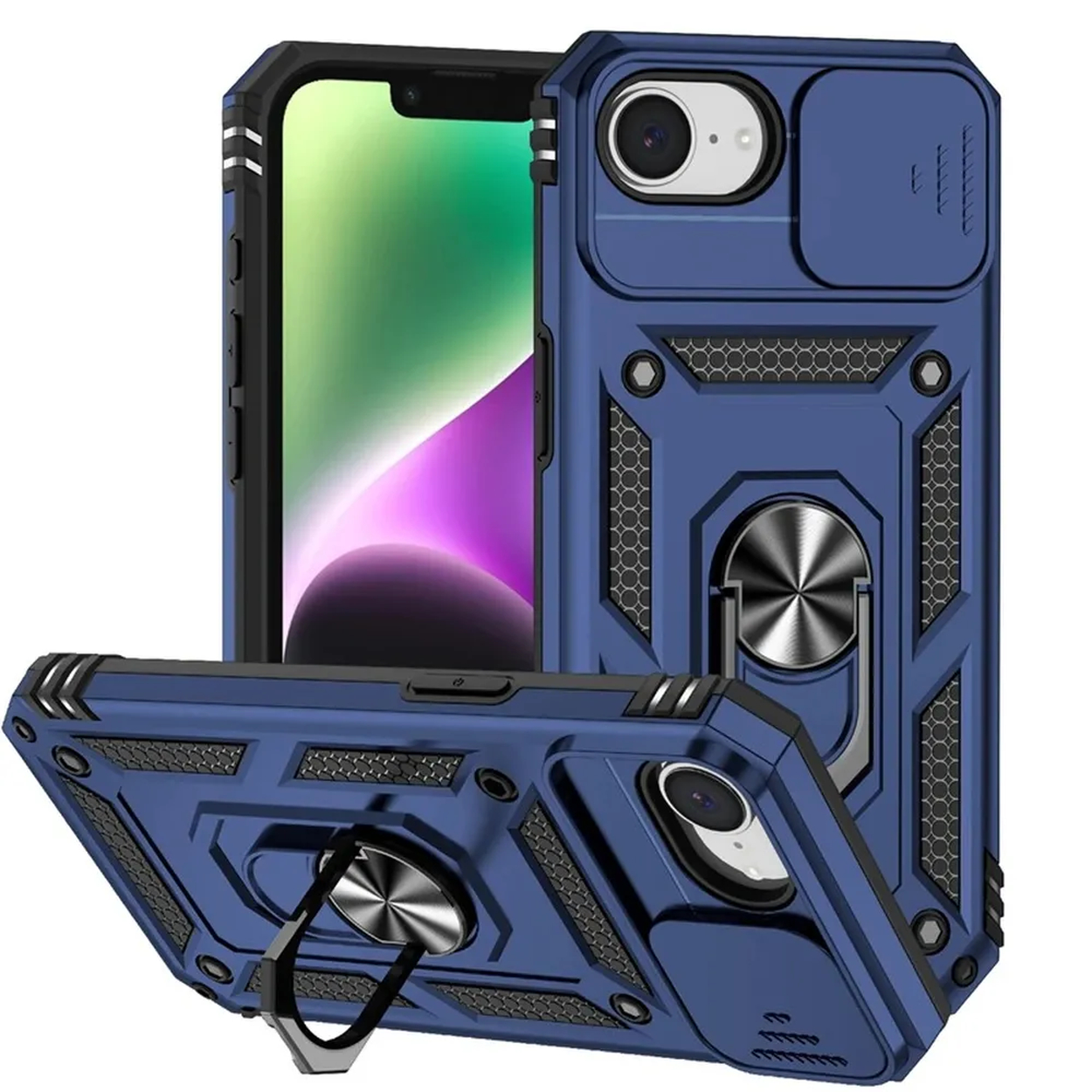 Blauw telefoonhoesje met ring en schuifhoes voor camera.