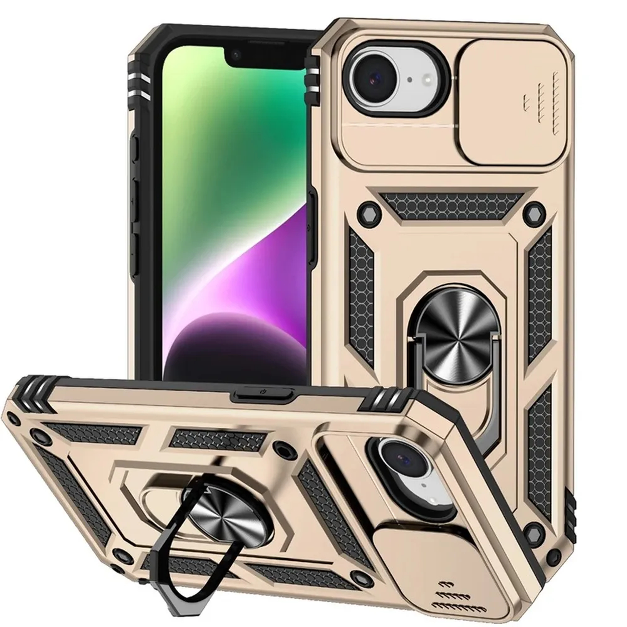 Gouden telefoonhoes met ringstandaard en cameralensbescherming, telefoon scherm.