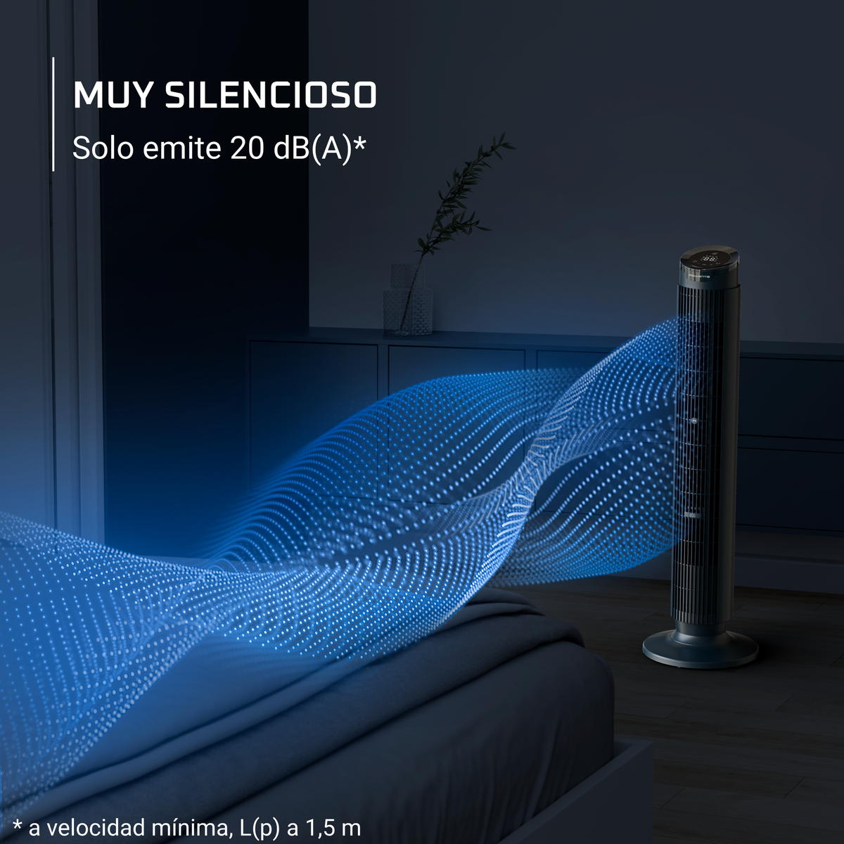 Ein schlanker Turmventilator erzeugt blaue Luftströme über einem Bett.