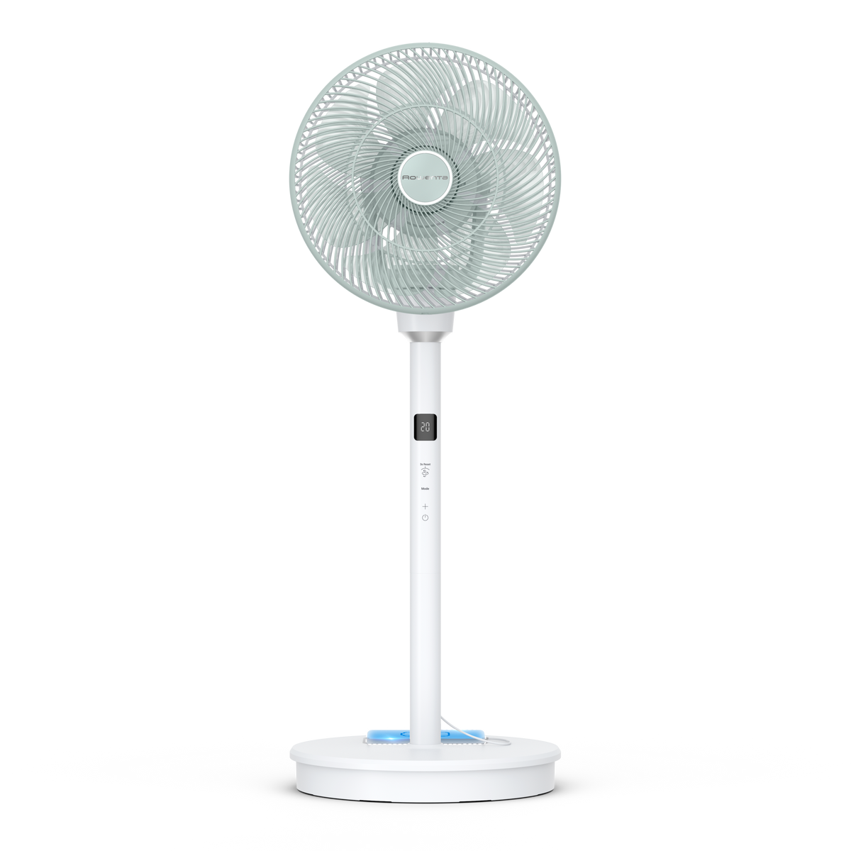 Un ventilatore da terra bianco e azzurro con display digitale e pulsanti sul palo.