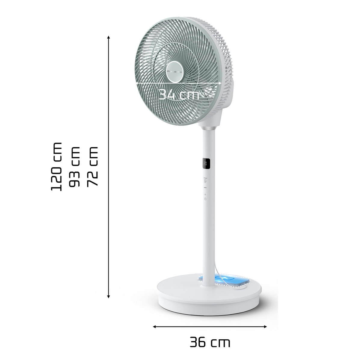 Un ventilatore da terra bianco con dimensioni 34 cm di larghezza, 120 cm di altezza e base 36 cm.
