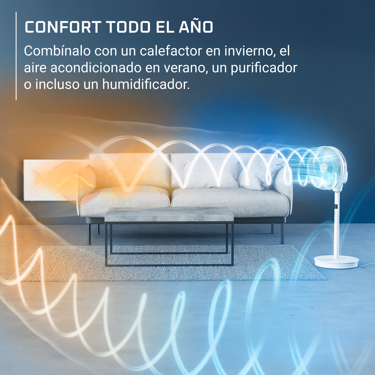 Soggiorno moderno con divano, tavolino e ventilatore. Onde di caldo e freddo visualizzate.